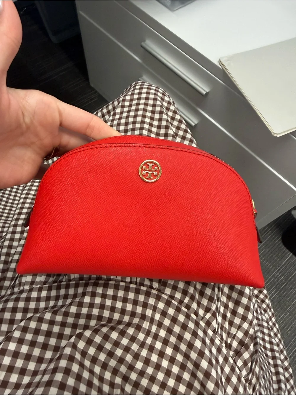 Tory Burch Red Saffiano Half-Moon Cosmetic Case with Gold Logo